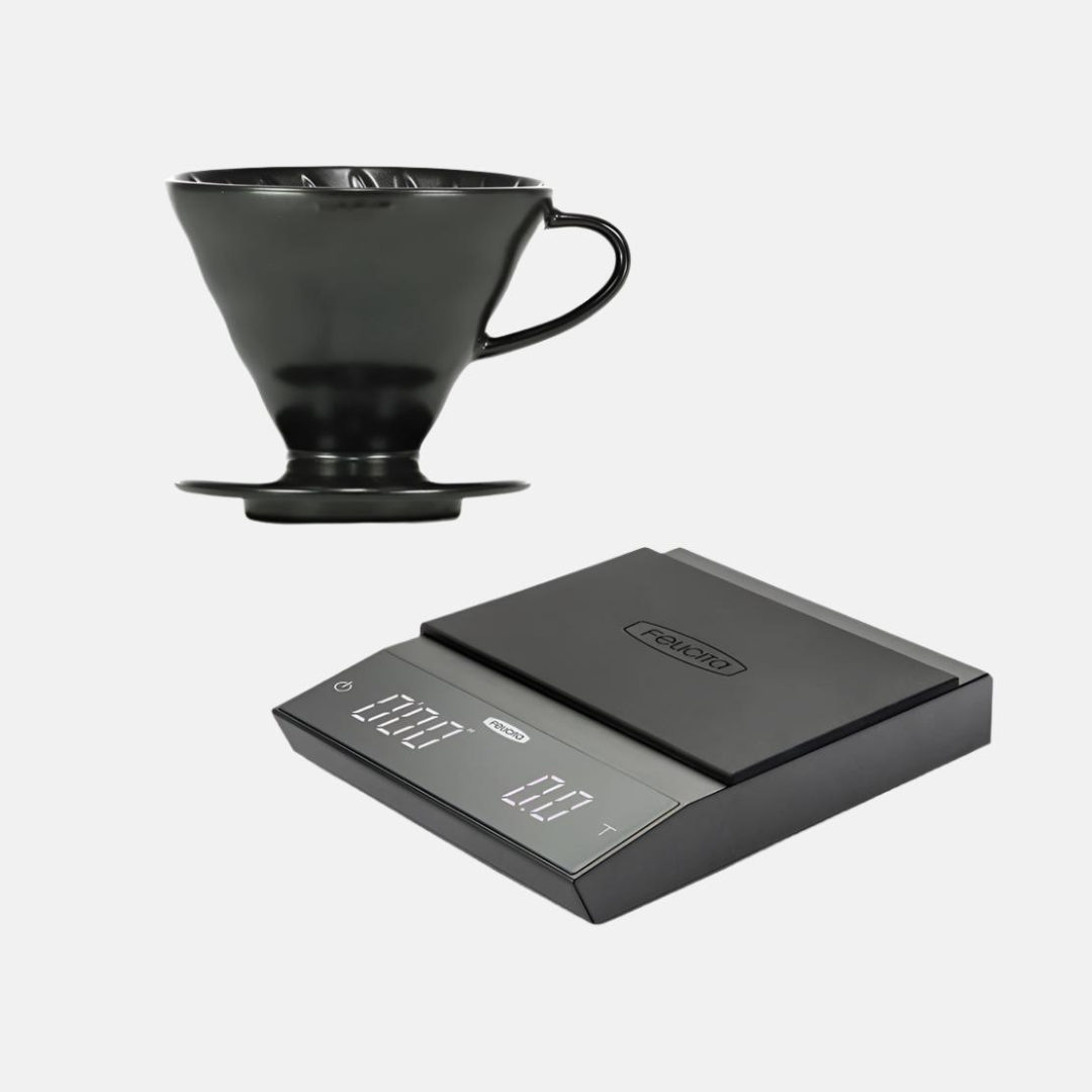 Hario V60 Ceramic 02 Matte Black and Felicita Incline Scale Bundle